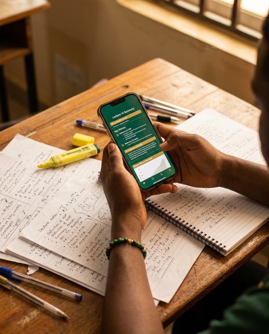 A student reviewing study notes on a phone