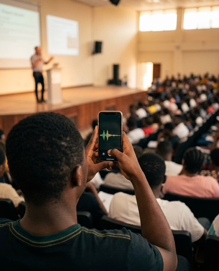 A student recording a lecture in a university auditorium